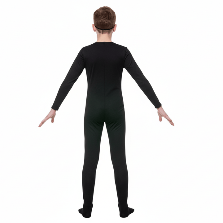 Person wearing a black bodysuit on a white background
