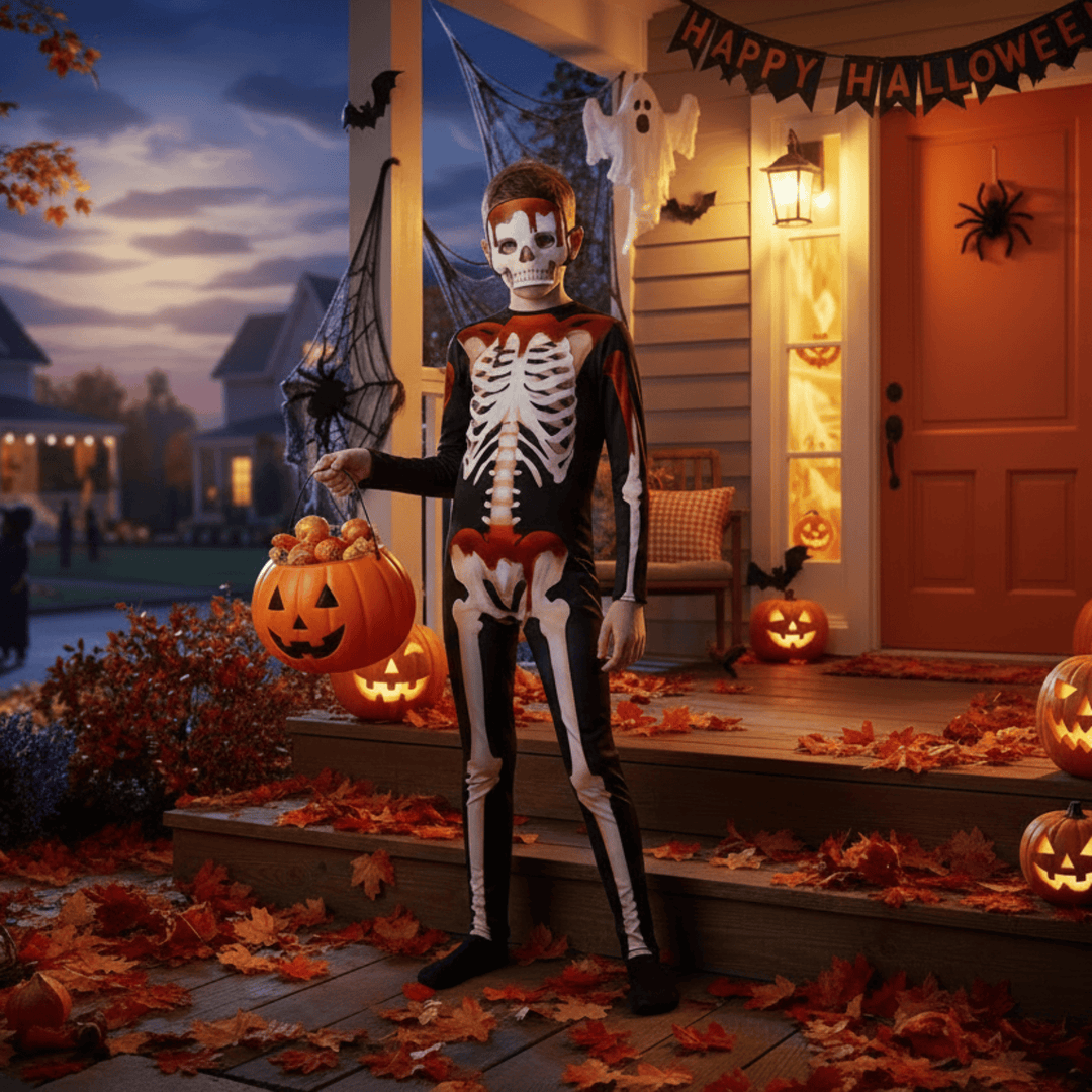 Person in skeleton costume standing on a Halloween decorated porch with pumpkins and 'Happy Halloween' sign.