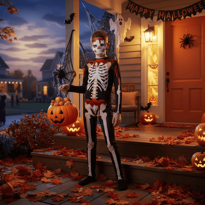 Person in skeleton costume standing on a Halloween decorated porch with pumpkins and 'Happy Halloween' sign.