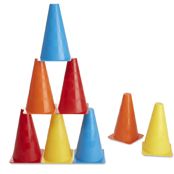 set of 6 colourful textured activity cones piled on top of each other with additional 2 to the side