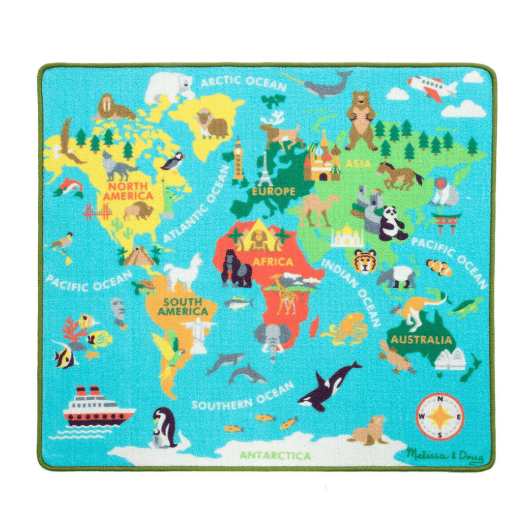 illustrated round the world kids play mat with continents and animals