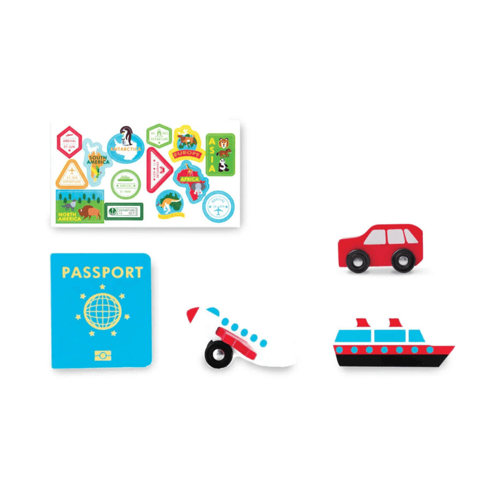 set includes 3 wooden vehicles, car, plane and ship, blue wipe clean passport and stickers with continent locations