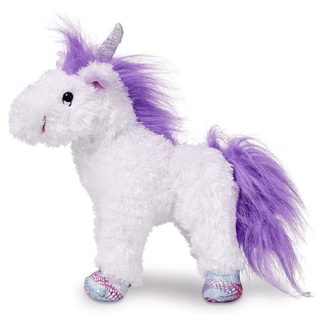 fluffy unicorn toy with purple mane and tail and shimmering hooves and unicorn horn