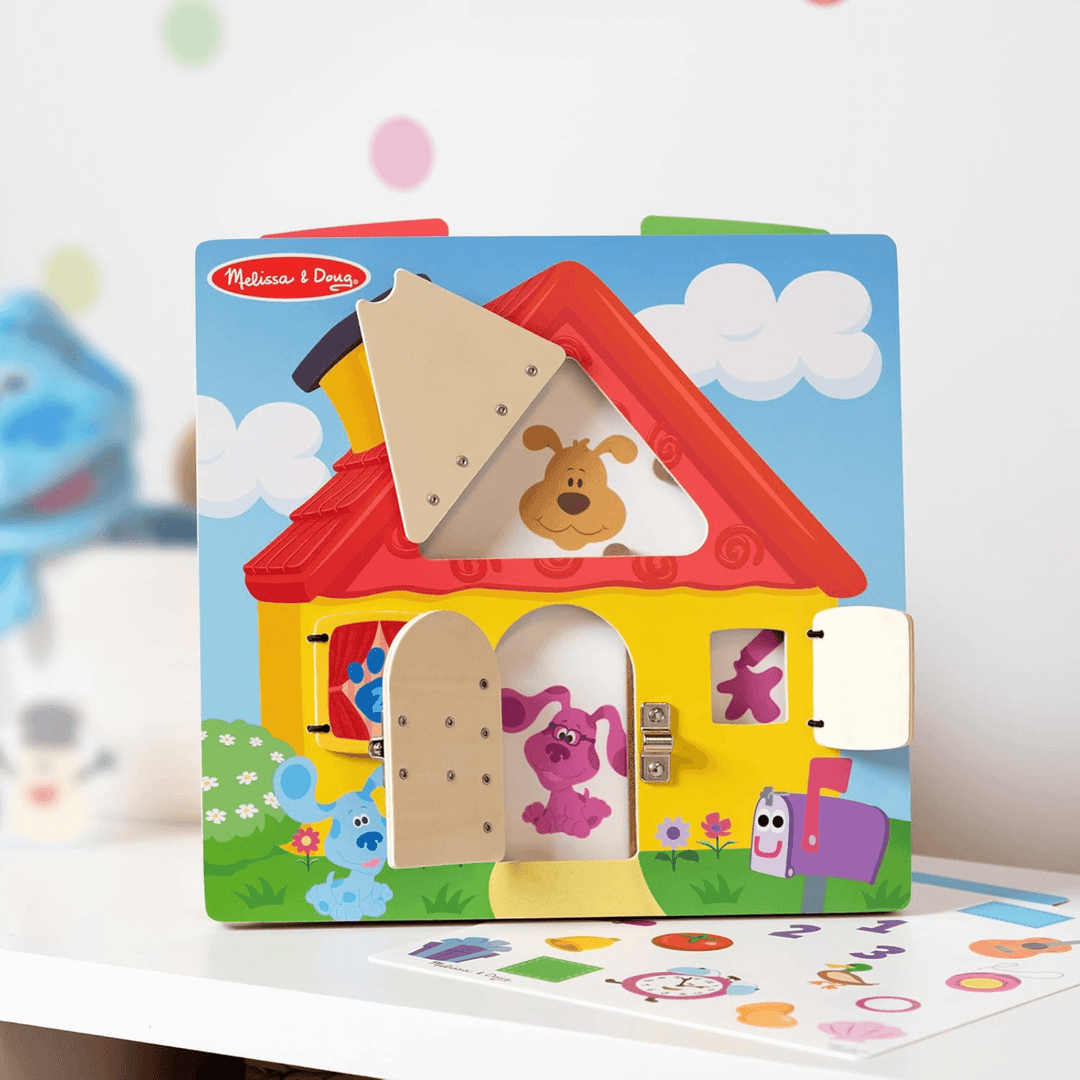 wooden activity board on shelf in kids room