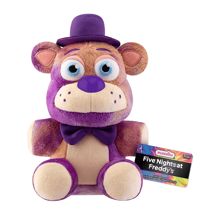 five nights at freddy's freddy tye dye soft bear wearing purple top hat and bow tie with official funko tag