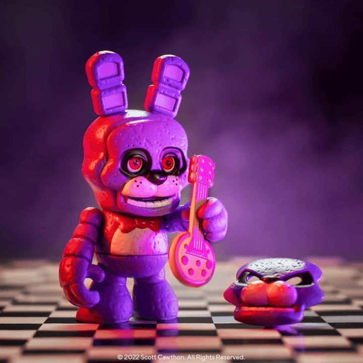 bonnie collectible vinyl in purple smoky room holding instrument accessory with interchangeable face on checkered floor