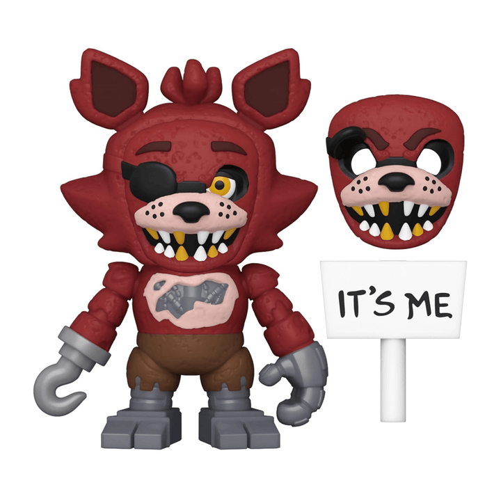 foxy FNAF collectible vinyl with interchangeable face and small wooden style sign that says 'it's me'