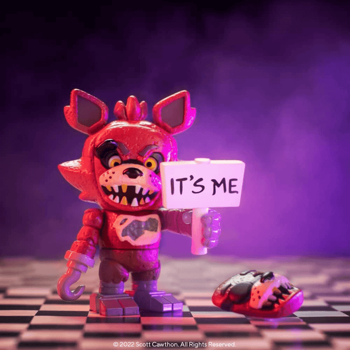 foxy collectible vinyl in purple smoky room on black and white check floor holding ign that says 'it's me' with additional face on floor