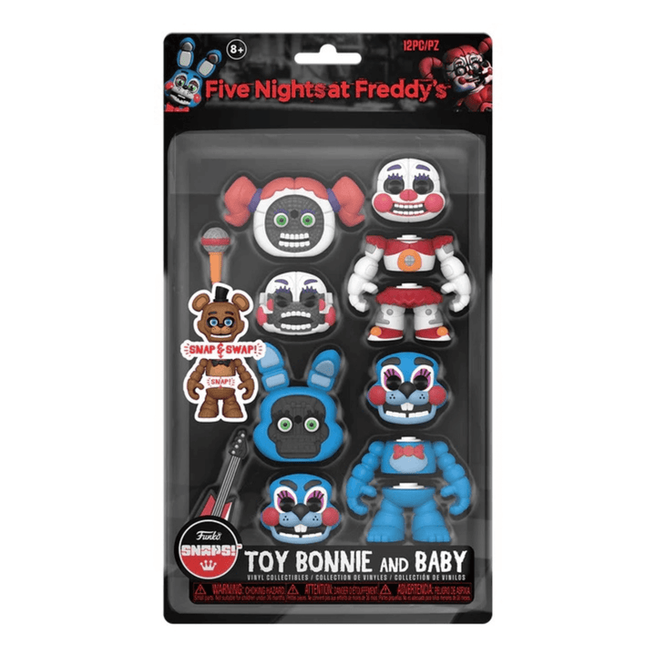 toy bonnie and baby 12 pc collectible vinyl figures from funko snaps in packaging with transparent wiindow with accessories and face swaps