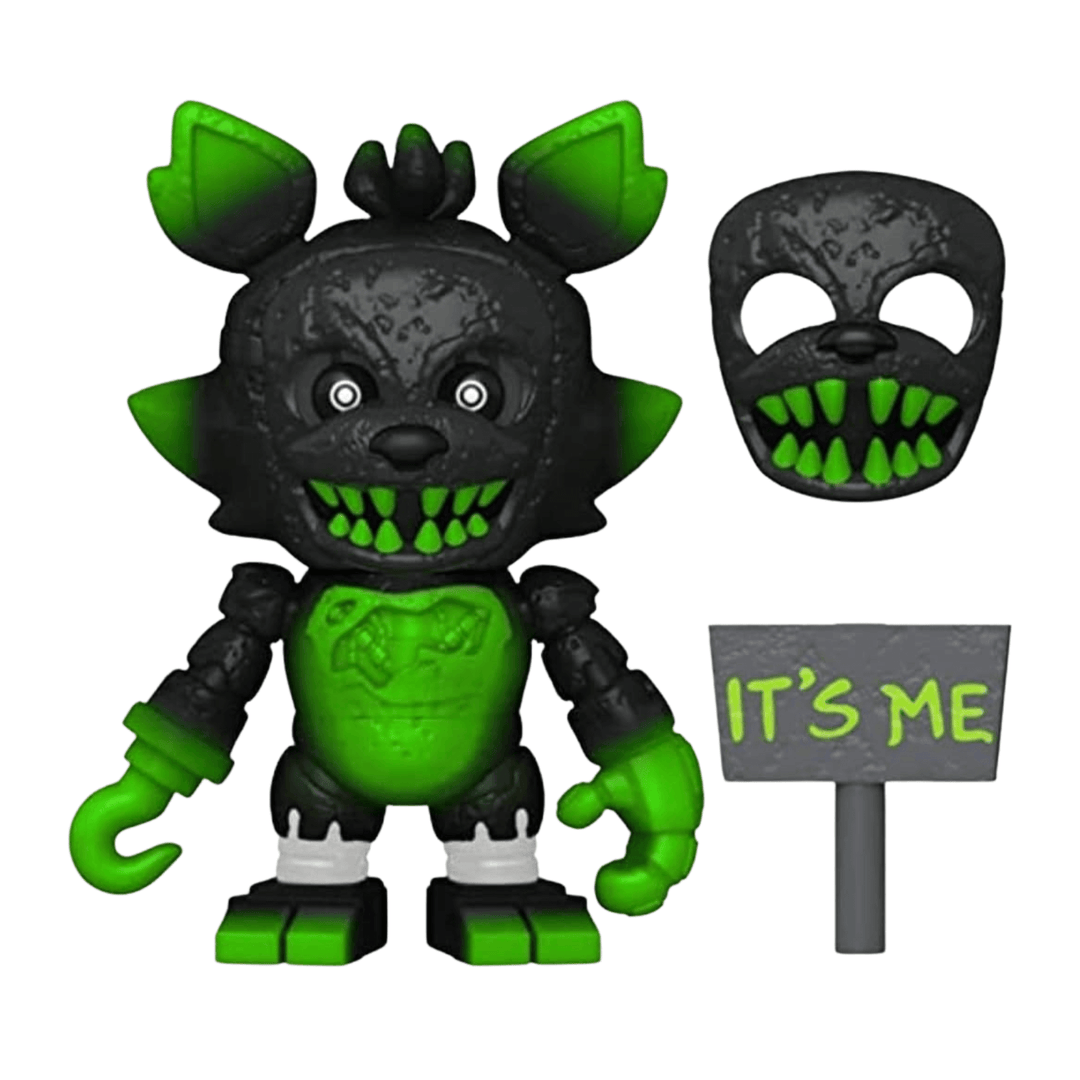 phantom foxy character with black and white details, 'it's me' sign accessory and interchangeable face with green spiked teeth