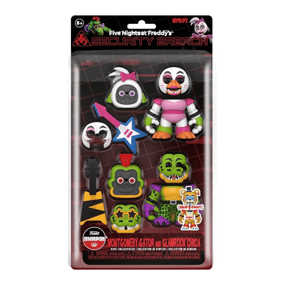 montgomery gator and glamrock chica 12 pc collectible vinyl figures from funko snaps in packaging with transparent wiindow with accessories and face swaps