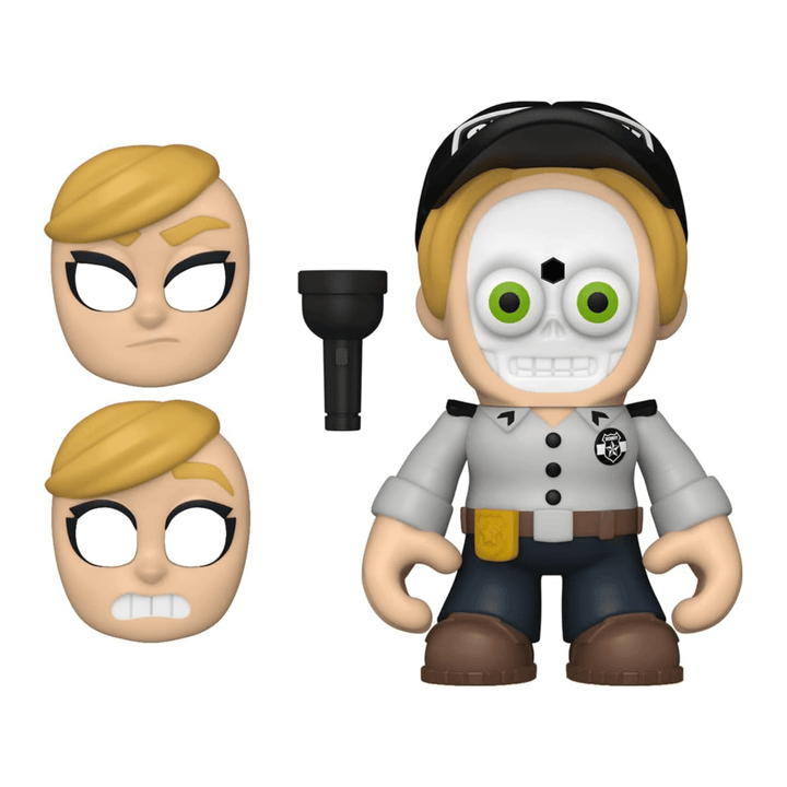 vanessa vinyl figure with 2 face pieces and 1 mini torch accessory to the side on white background