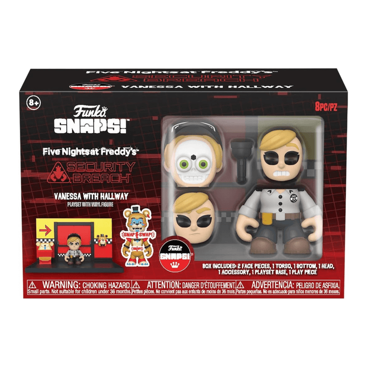 funko snaps five nights at freddy's security breach vanessa with hallway playset in cardboard box packaging with transparent window showing vanessa figure with 2 face pieces and a small torch accessory