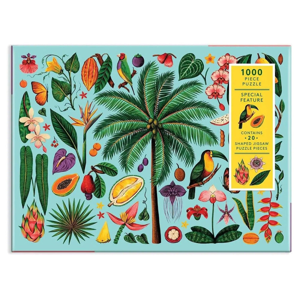 Tropics 1000 piece jigsaw puzzle with palm tree, fruit and birds illustration