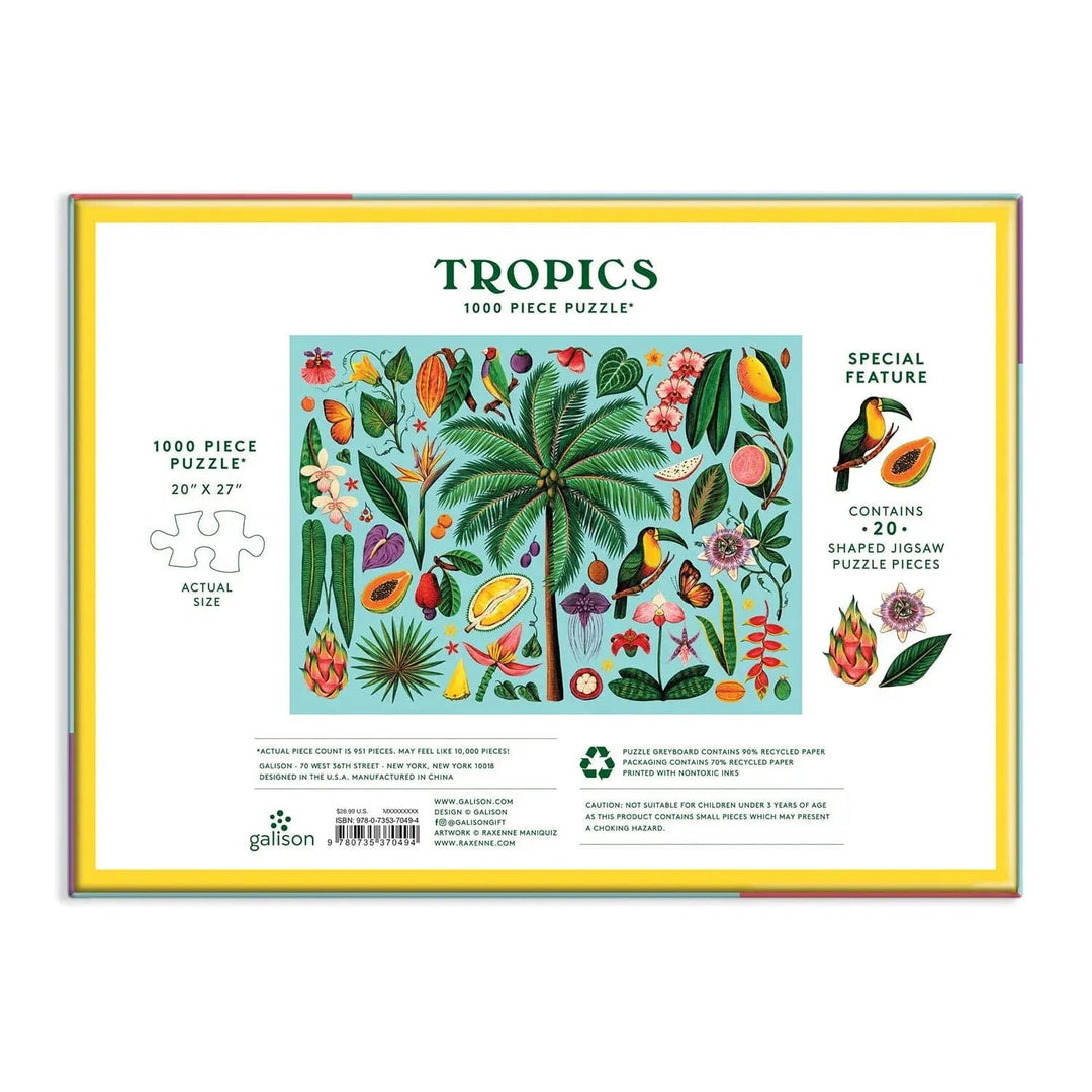 Tropics 1000 piece jigsaw puzzle with palm tree, fruit and birds, and 20 special shaped pieces