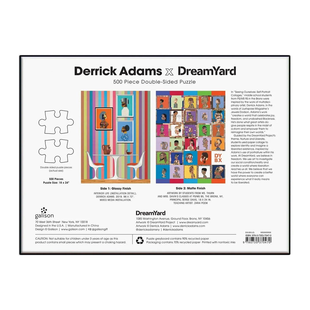 Back of the box of Derrick Adams x DreamYard 500 piece double sided jigsaw puzzle with colourful paintings