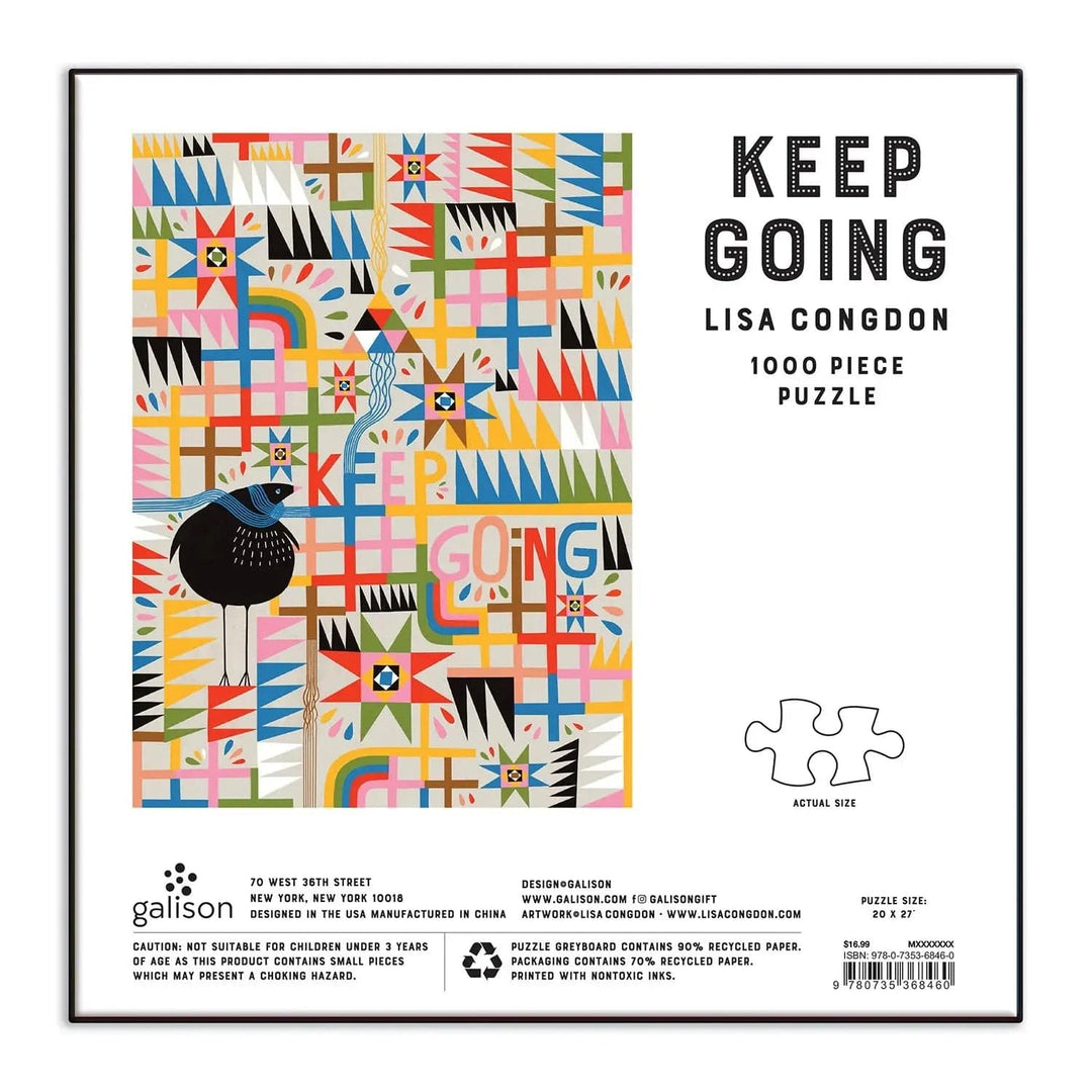 Back of the box of Keep Going 1000 piece jigsaw puzzle with bright geometric shapes