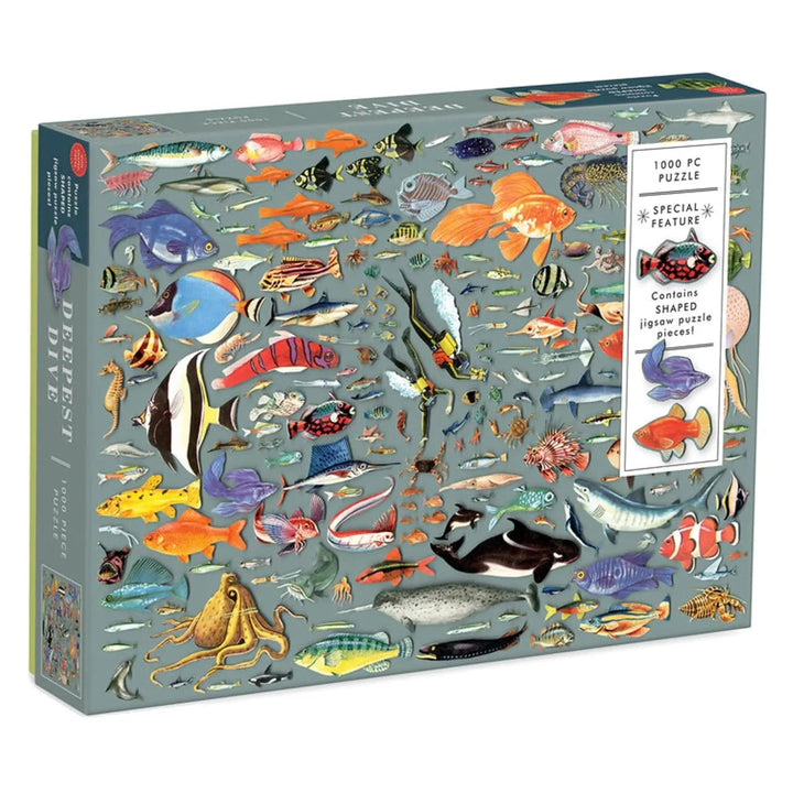 Deepest Dive 1000 piece jigsaw puzzle with 20 special ocean creatures shaped pieces