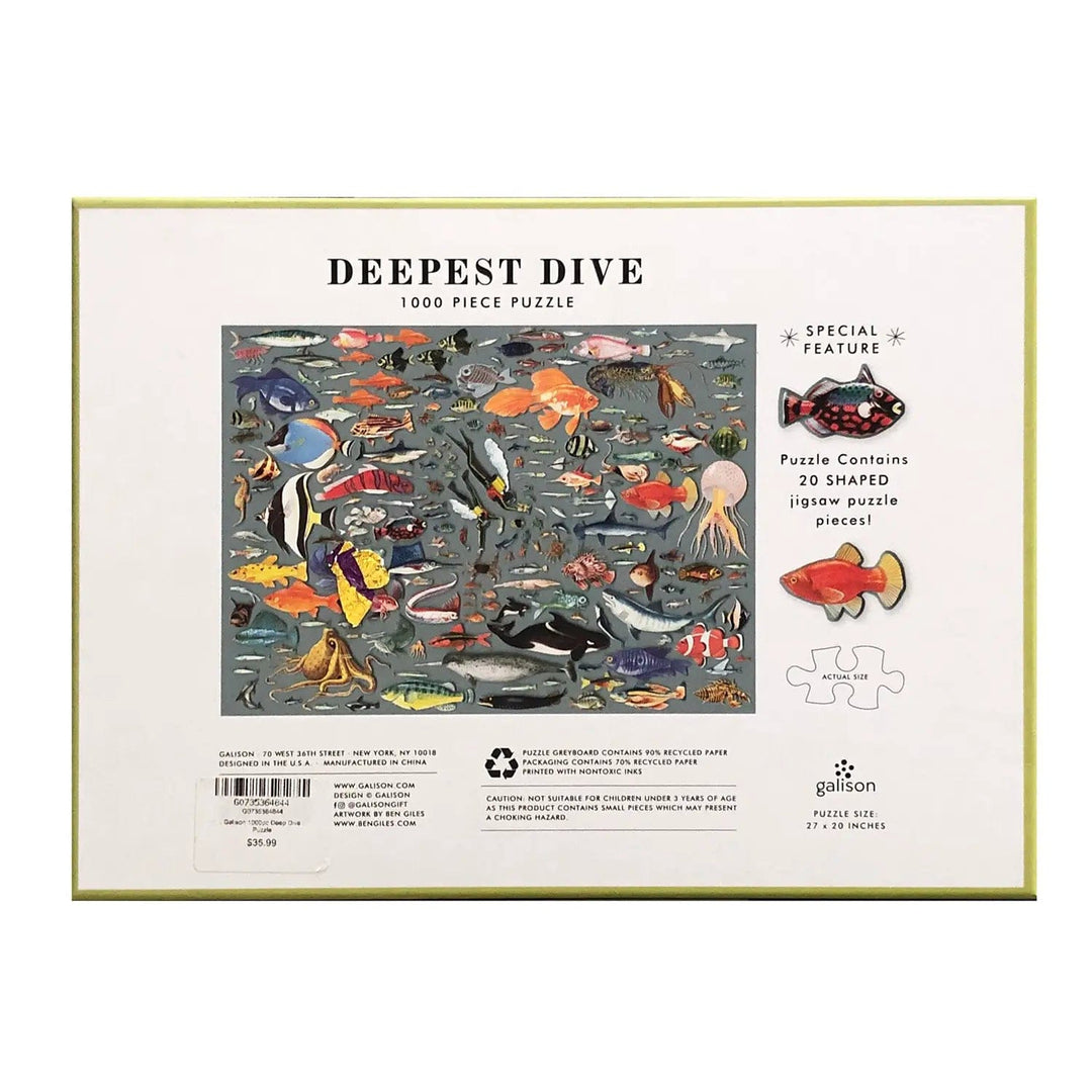 Back of the box of Deepest Dive 1000 piece jigsaw puzzle with 20 special ocean creatures shaped pieces