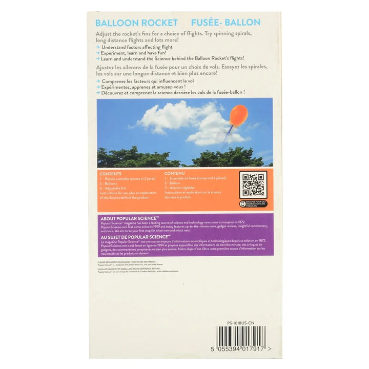 Back of the box of Popular Science Balloon Rocket Kit