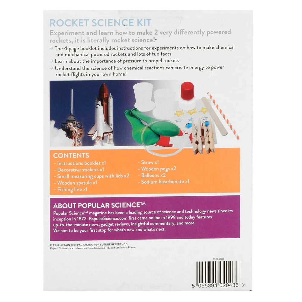 Back of the box of a rocket science kit showing box contents for experiments