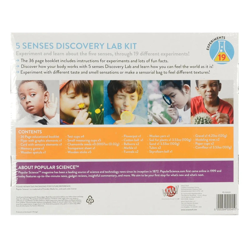 Back of the box of Popular Science 5 senses Discovery lab kit 