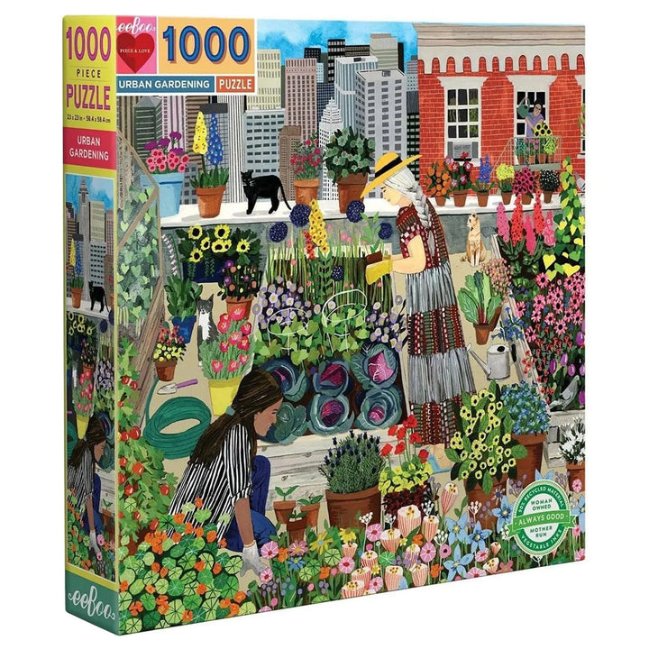 1000 piece jigsaw puzzle in the box with picture of an urban garden with flowers, vegetable, animals and 2 women gardeners