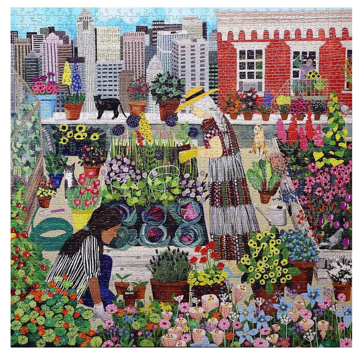 Completed 1000 piece Urban Gardening jigsaw puzzle with plants and flowers and cats