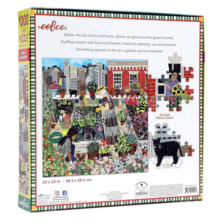Back of the box of a city rooftop garden jigsaw puzzle from eeBoo