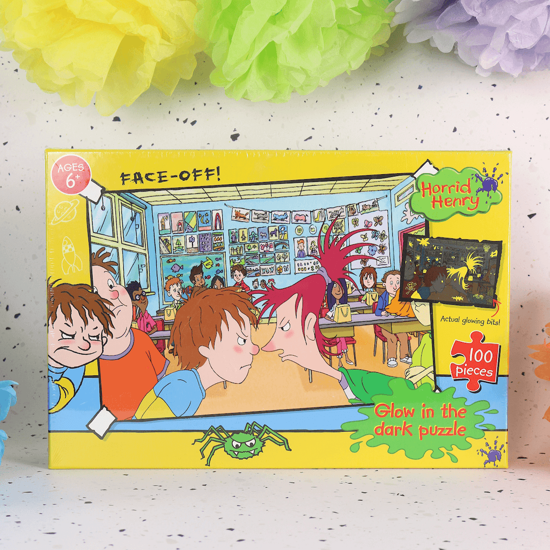 horrid henry face off jigsaw puzzle box on colourful background with decorations