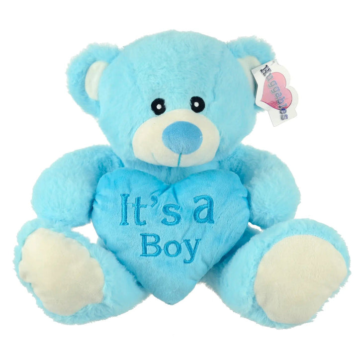 Blue teddy bear soft toy holding a heart with it's a boy embroidered message