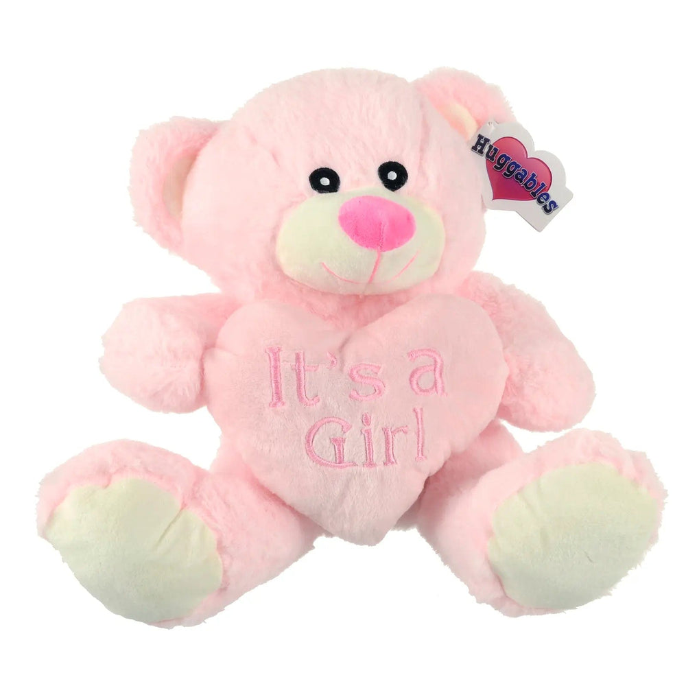 Baby pink teddy bear soft toy holding a heart with it's a boy embroidered message