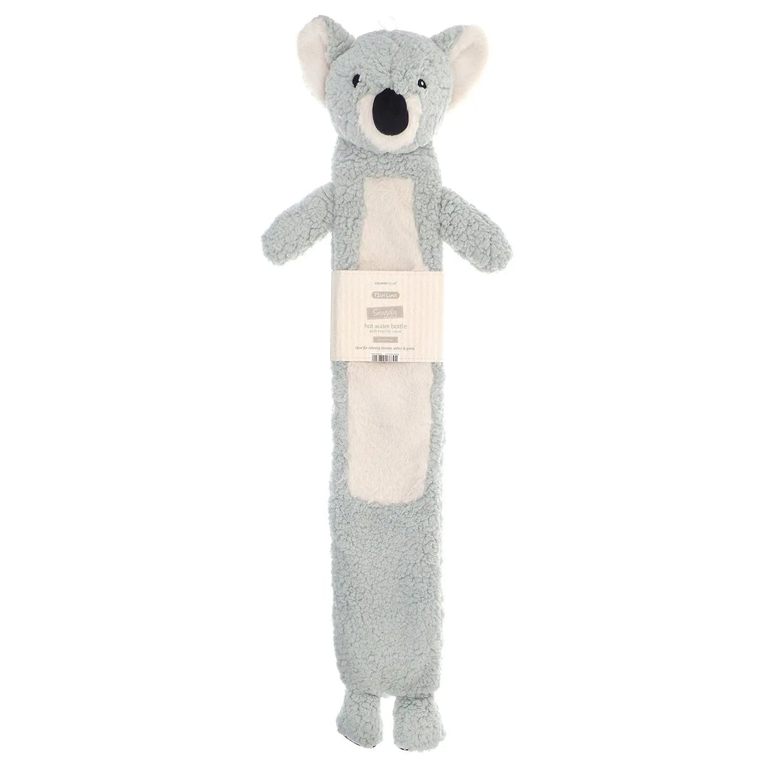 Long hot water bottle with novelty koala bear cover