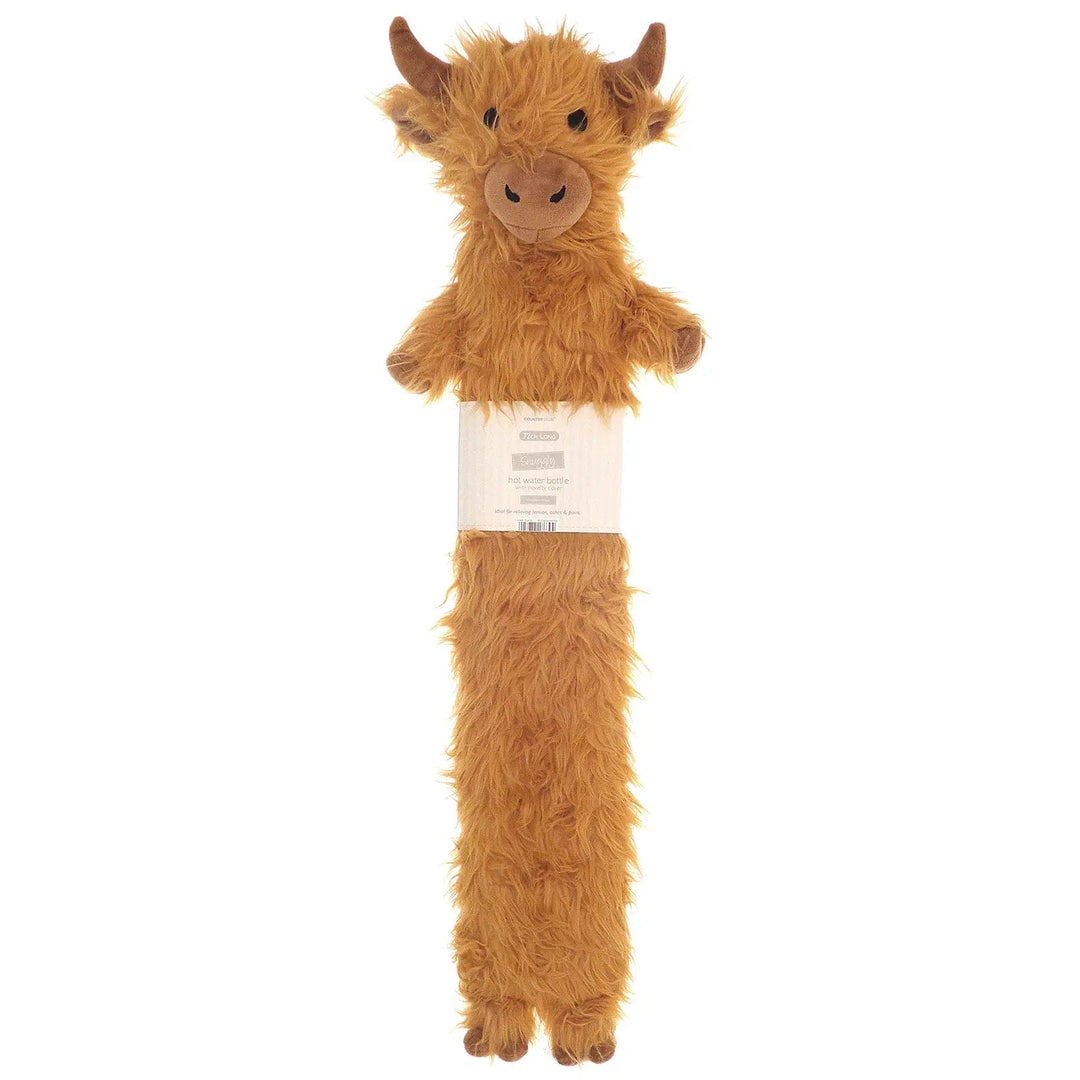 Long hot water bottle with novelty highland cow cover