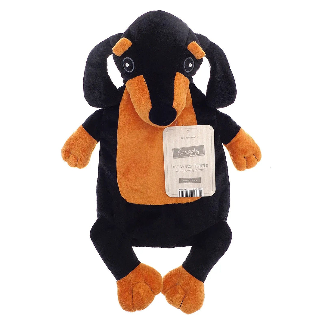 Novelty hot water bottle with black and tan dog cover