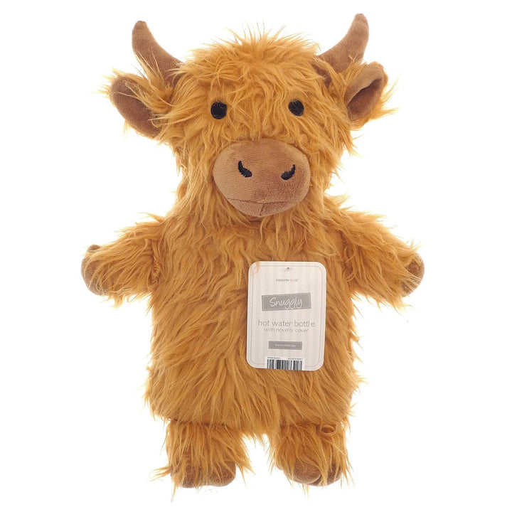 Novelty hot water bottle with highland cow cover