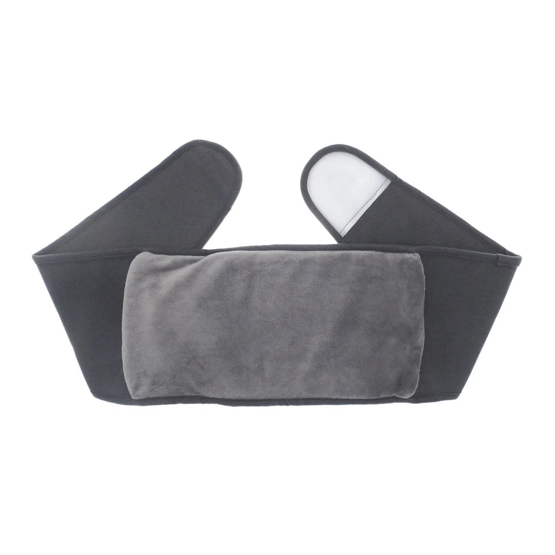 Grey body wrap belt with hot water bottle an hook and loop fastener