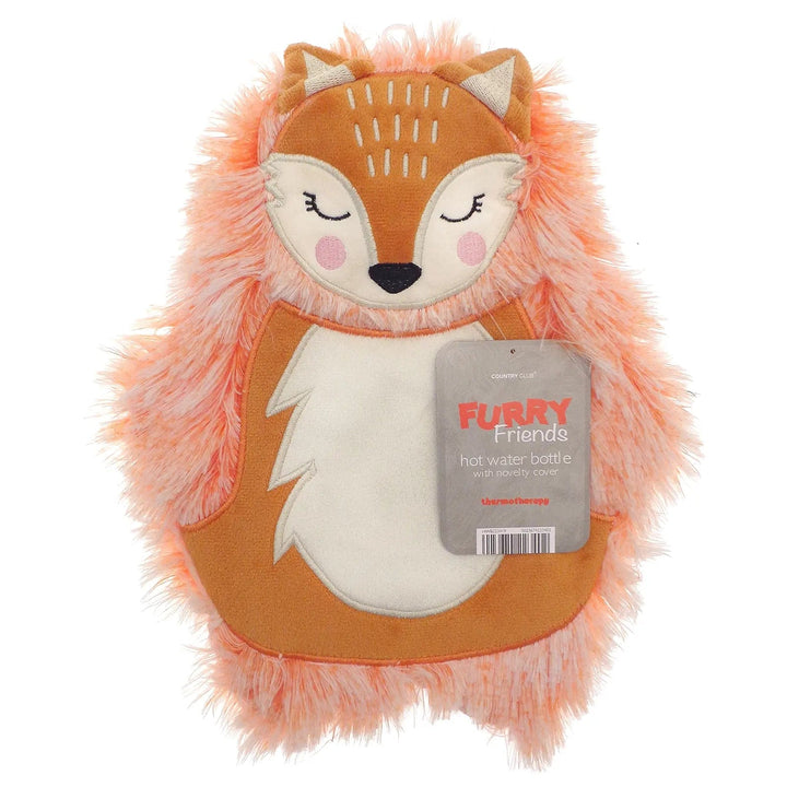 Furry Friends hot water bottle with plush fox cover in brown and orange