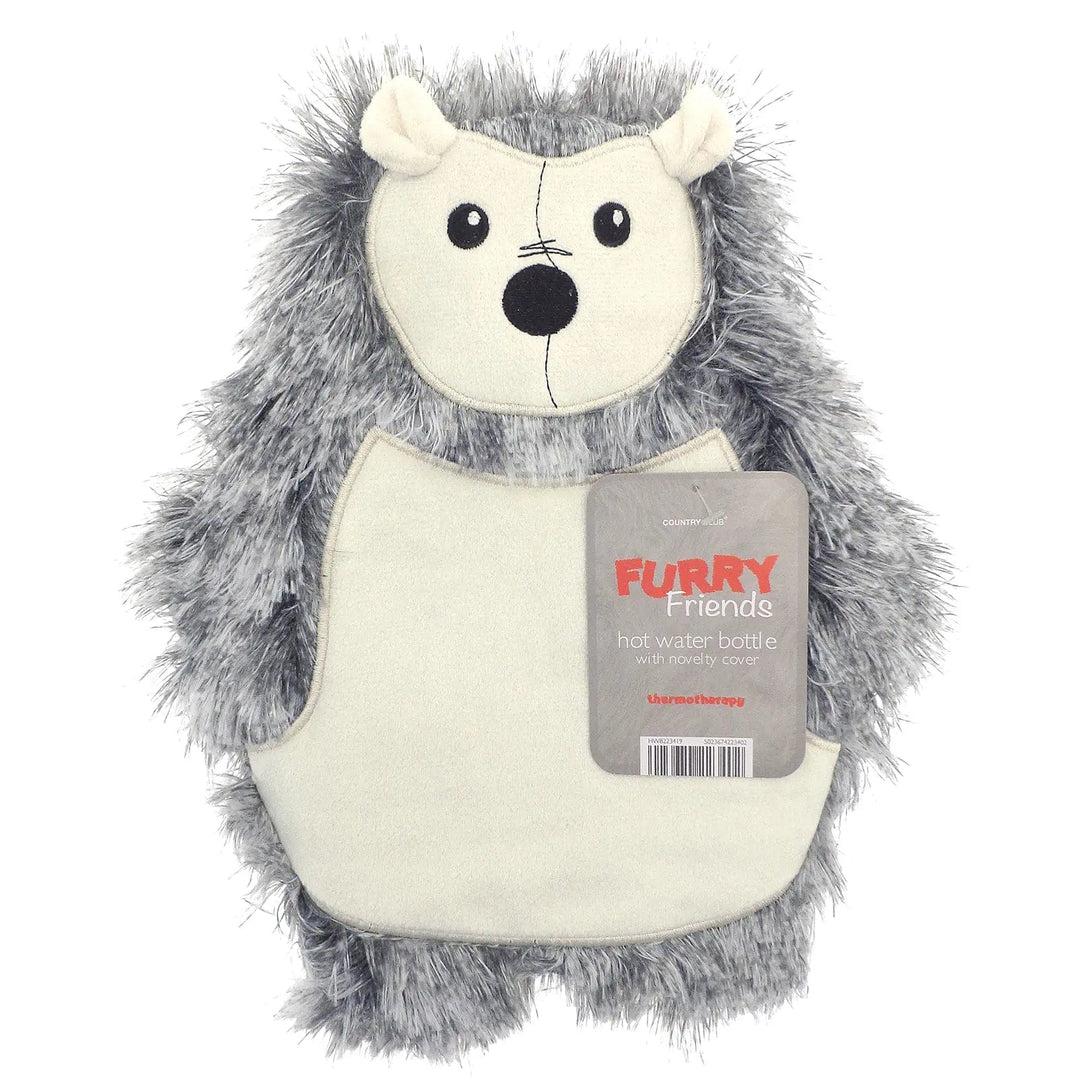 Grey and white hedgehog furry friends hot water bottle