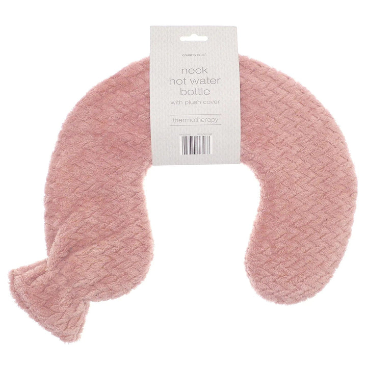 U shaped neck hot water bottle with blush pink, lattice pattern fleece cover