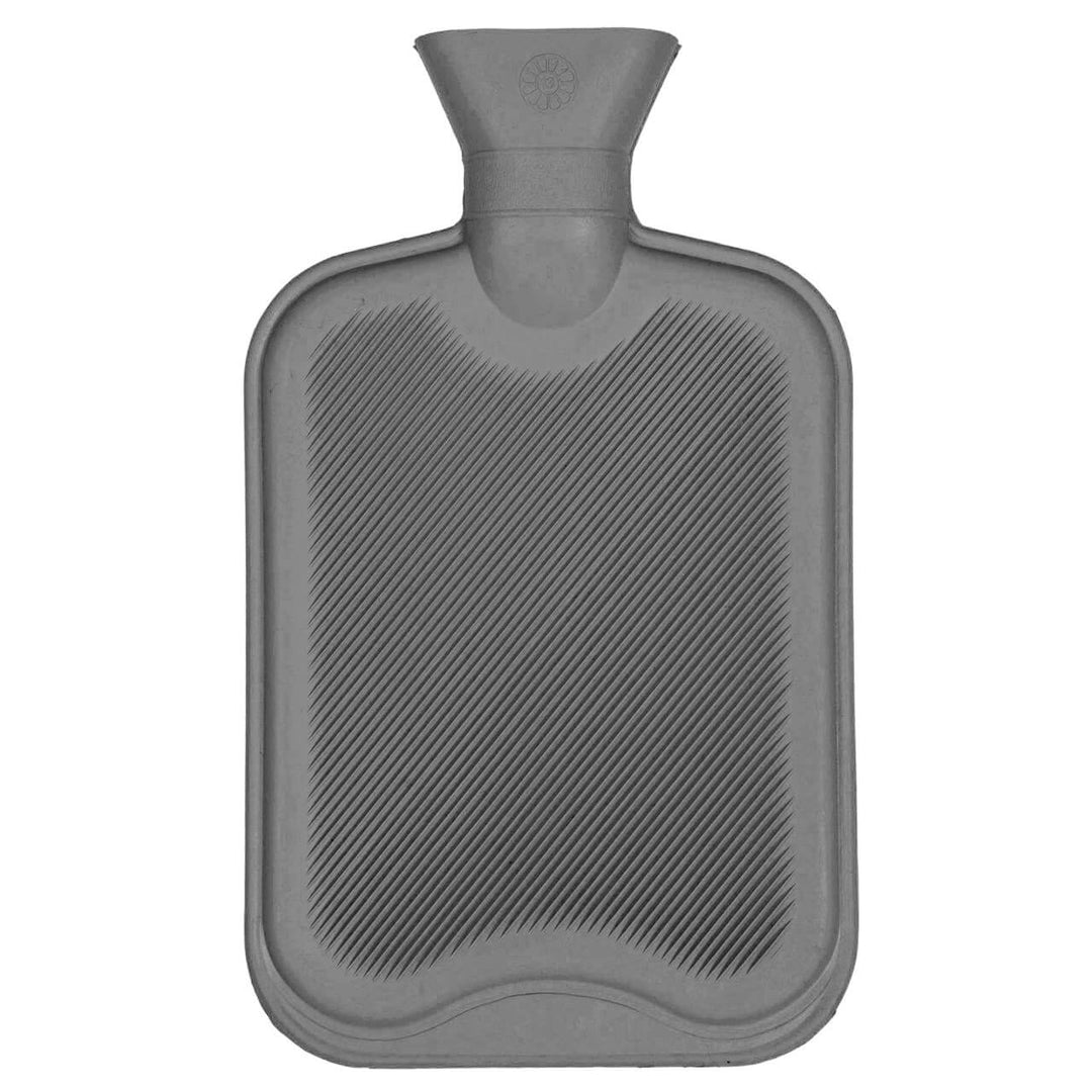 Grey rubber hot water bottle without a cover on a white background