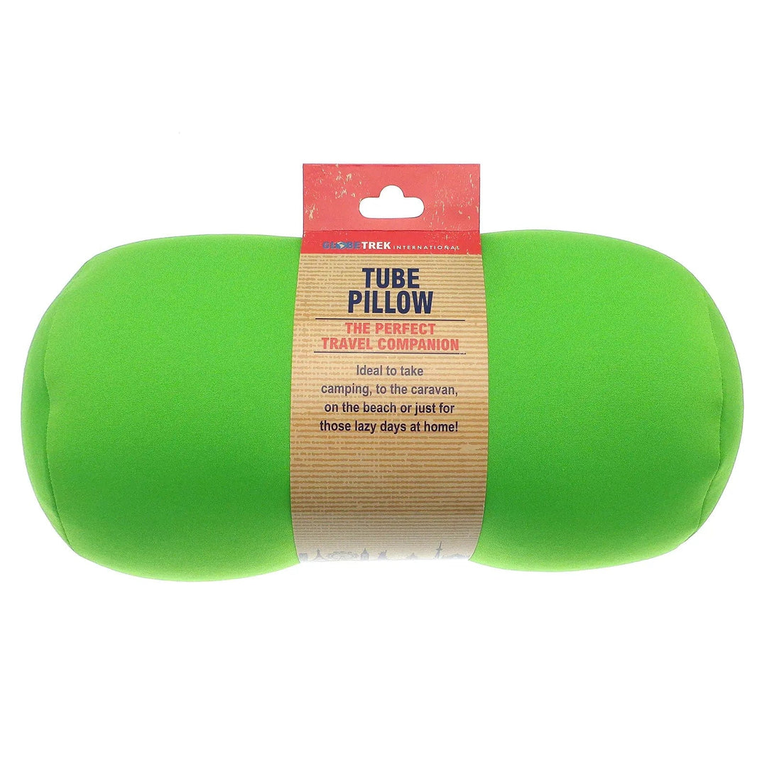 bright green tube pillow for travel and camping