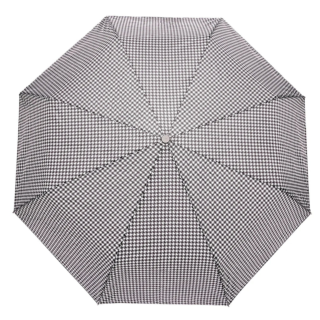 Top view of a black and white dogtooth pattern umbrella