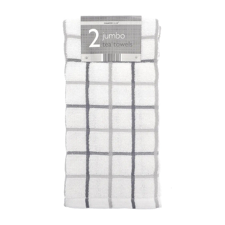 White and grey checked jumbo tea towels in a pack of 2