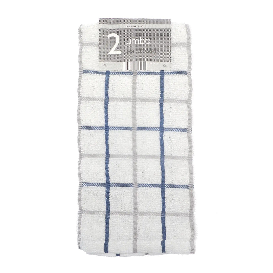 White, grey and blue checked pattern jumbo tea towels in a pack of 2