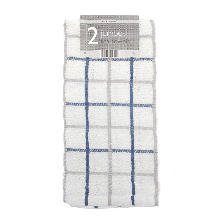 White, grey and blue checked pattern jumbo tea towels in a pack of 2