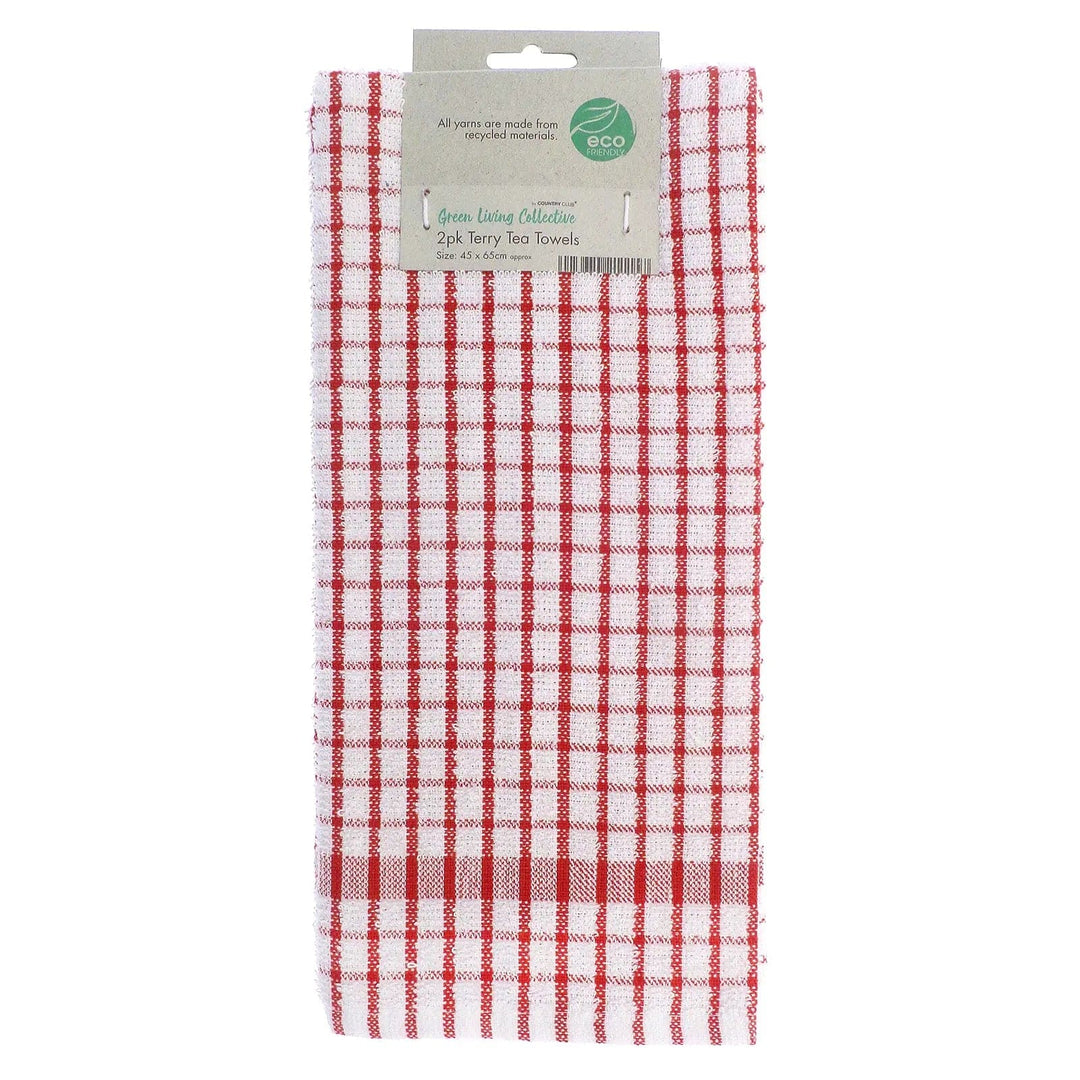 Pack of 2 eco friendly terry tea towels with red and white checked pattern