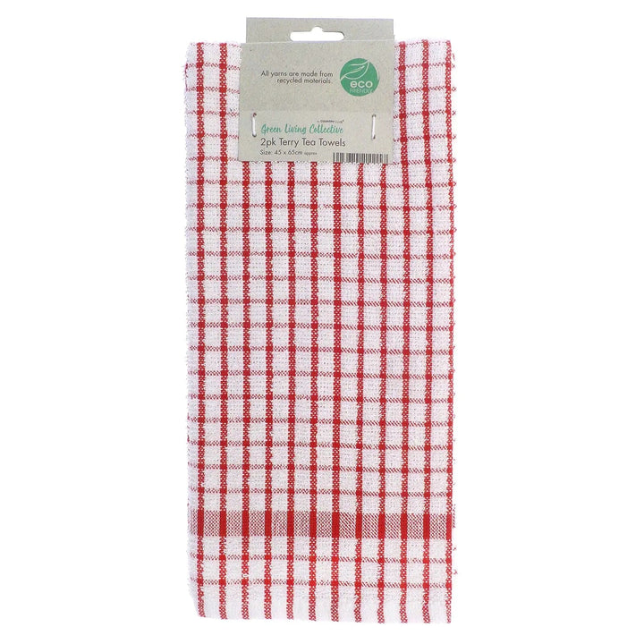 Pack of 2 eco friendly terry tea towels with red and white checked pattern