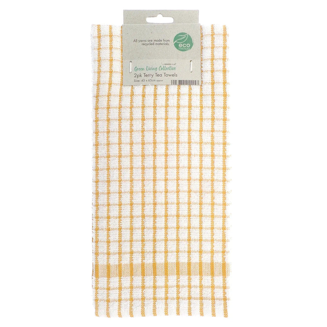 Pack of 2 eco friendly terry tea towels with orange and white checked pattern