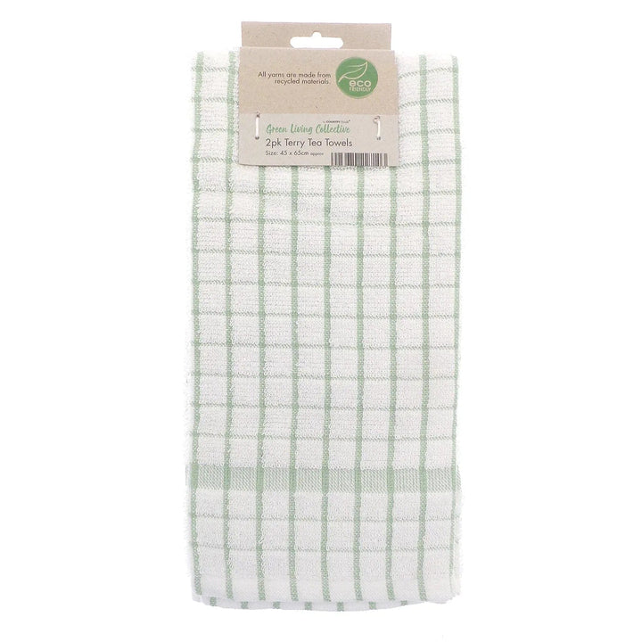 Pack of 2 eco friendly white terry tea towels with green checked pattern